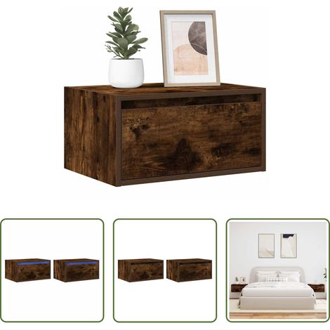 vidaXL Holz Nachttisch - Wand-Nachttische mit LED-Leuchten 2 Stk. Räuchereiche (1/5)