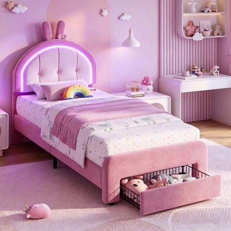 JOOKGBD-Lit simple enfant 90x200cm velours rose tête de lit lapin réglable avec ruban LED RGB multifonction tiroir de rangement métallique sommier à lattes support 150kg pour chambre (1/5)
