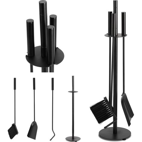 Jiubiaz Set di accessori per caminetto, 3 pezzi con paletta, scopa, attizzatoio e supporto, accessori moderni per stufe, nero (1/5)