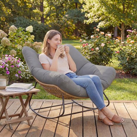 Sedia a dondolo Papasan per interni/esterni, sedia a dondolo ovale imbottita per giardino e patio, grigia