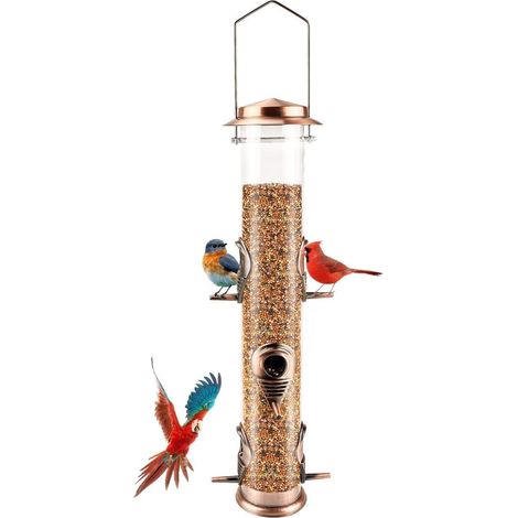 1 Mangeoire à oiseaux, 6 ports, métal, perchoirs aluminium, tube transparent, jardin balcon