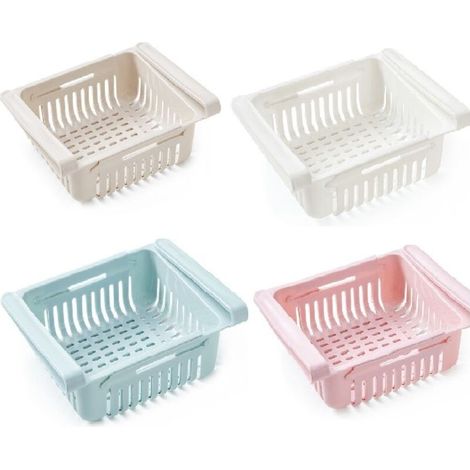 Boîte de Rangement Réfrigérateur 4 Pièces - Organisateur Extensible pour Tiroirs, Supports de Stockage Cuisine pour Frigo, Bleu Blanc Rose Beige (1/5)