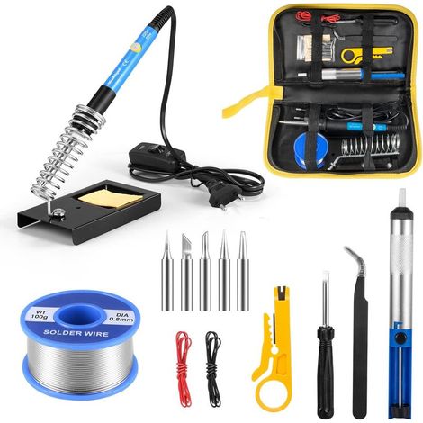 Kit de soldador de 60 W y 220 V con temperatura ajustable, 5 puntas de soldadura, bomba desoldadora, soporte y alambre de soldadura [Clase energética A+++] (1/5)