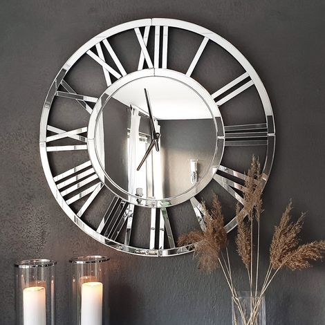 31.5in Modern Glam Oversized Mirrored Wall Clock - Large Round Decorative Mirror Clock with Roman Numerals for Living Room, Bedroom, Home Accent (1/5)