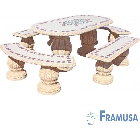 CONJUNTO COMEDOR PIEDRA OVALADO JARDIN HIGUERA PARSIFAL ROJO PULIDO OCRE