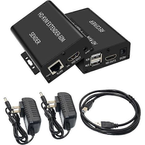 Extendeur KVM HDMI USB haute définition de 60 mètres, se connecte via un câble Ethernet RJ45 Cat6, convertisseur audio/vidéo. (1/5)