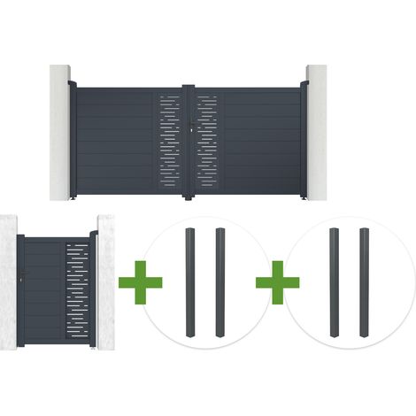 Portail battant 3m ARLBERG H.140cm gris + Portillon 1m ARLBERG H.140cm gris + 4 poteaux ELDA (1/5)