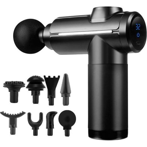 Pistola massaggiante per tessuti profondi, mini massaggiatore muscolare a percussione, 32 velocità regolabili, schermo LCD touchscreen, 8 testine per spalle, corpo e schiena, colore nero. (1/4)