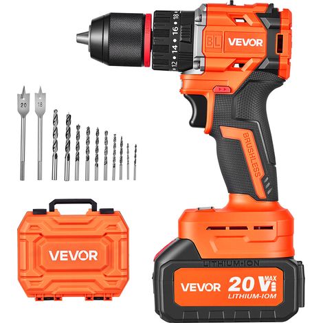 VEVOR Perceuse a Percussion Sans Fil 20 V, 30000 IPM Moteur Sans Balais, Batterie Lithium-ion 4000 mAh et Chargeur, Mandrin Tout Metal 1/2", Kit de Perceuse pour Bois, Metal et Vissage, Design Compact (1/5)