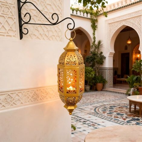Bougeoir creux vintage, cadre en métal de style marocain, lanterne décorative en métal (doré) (1/5)