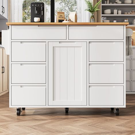 Îlot de cuisine moderne avec tiroirs et étagère à épices, desserte roulante blanche extensible (1/5)