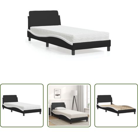 Matelas en mousse -  Lit avec matelas Dover noir et blanc 90x200 cm similicuir (1/5)
