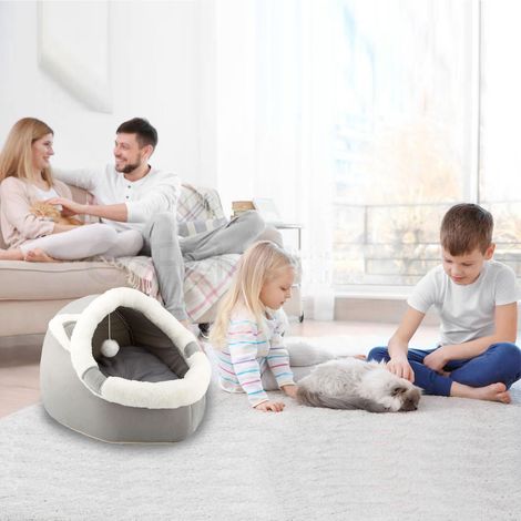 Panier pour chat en forme de grotte avec coussin amovible et jouet suspendu