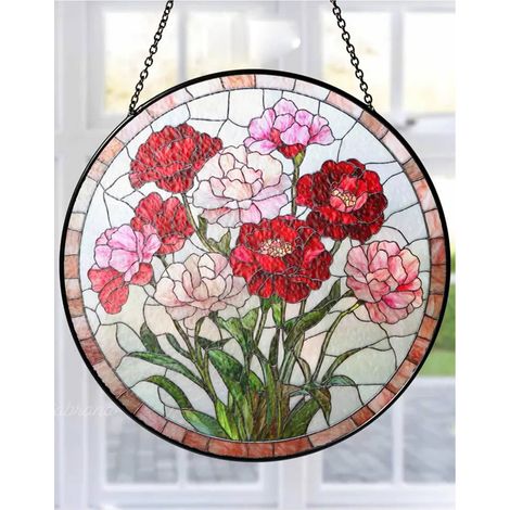 Attrape-soleil vitrail fleurs œillet 9 cm, décoration fenêtre florale, cadeau fleurs naissance maman