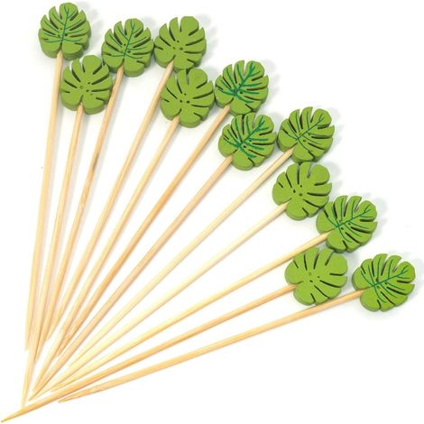 Piques à cocktail (lot de 100), 12 cm, en bambou, pour apéritifs et cocktails. Piques décoratives en bois, motif feuille verte. (1/5)