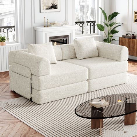 Canapé convertible 2 places beige en chenille 184x91x70 cm, canapé-lit 2 en 1 avec rangement accoudoir, cadre métal (1/5)