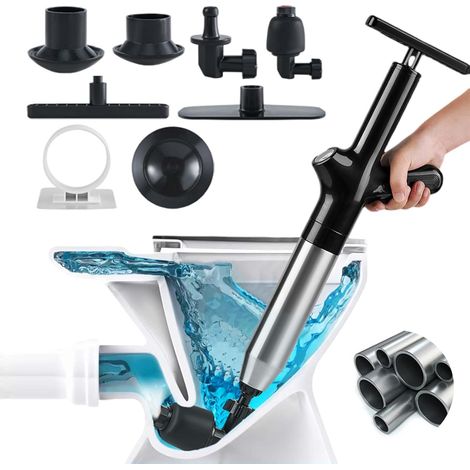 Déboucheur Canalisation Haute Pression, Déboucheur Wc Air Comprimé avec 4 Différentes Ventouses, Piston de Toilette pour Déboucher les Toilettes, Baignoire, Drain de sol, Lavabo (Noir) (1/5)