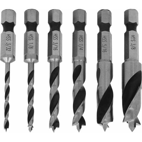 Lot de 6 forets hélicoïdaux HSS à tige hexagonale de 6,35 mm pour bois doux, dur, plaqué, outil de travail du bois stratifié MDF acrylique, taille 3/8", 5/16", 1/4", 3/16", 1/8", 3/32" (1/5)