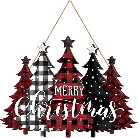 Merry Christmas - Plaque de porte en bois - 28 x 21 cm - Carreaux buffles - En forme de sapin de Noël - Pour porte d'entrée - Décoration de Noël pour l'extérieur (1/5)