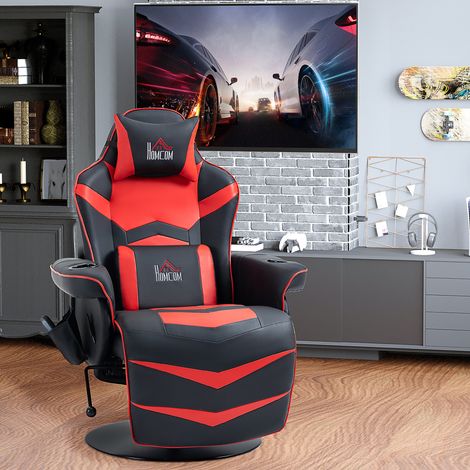 Silla gaming, función de masaje, respaldo reclinable, reposapiés, hasta 120 kg, estructura de acero, piel sintética, roja. (1/5)