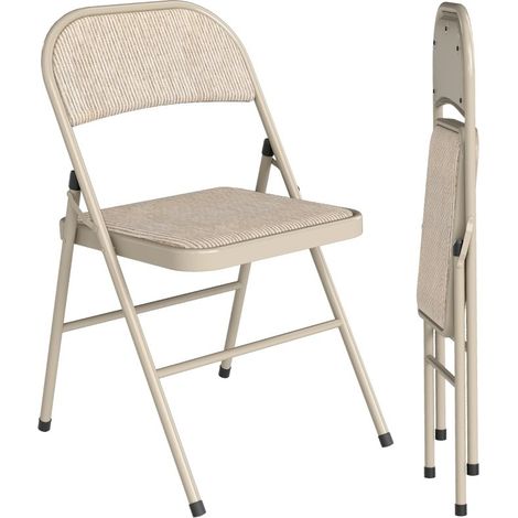Lot de 2 chaises pliables portables à pieds métalliques, revêtement aspect lin beige, adaptées bureau, accueil et salle d'attente (1/5)