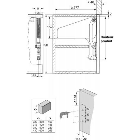 Kit de compas de relevage FREE SLIDE - ferrures droite/gauche, 2 attaches façade, 2 fixations H430 à 600mm 5,20-10,40kg - KESSEBÖHMER