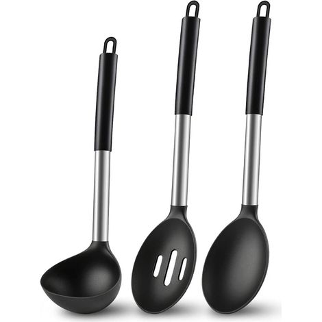 Ensemble de 3 cuillères de cuisine en silicone (noir) : comprend une cuillère pleine, une cuillère à égoutter et une cuillère à soupe. (1/5)