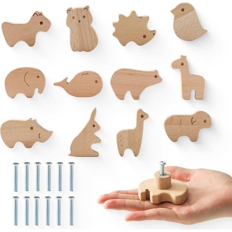 Lot de 12 boutons de porte en bois pour chambres d'enfants, en forme d'animaux variés, avec vis, poignées de porte pour meubles... (1/5)