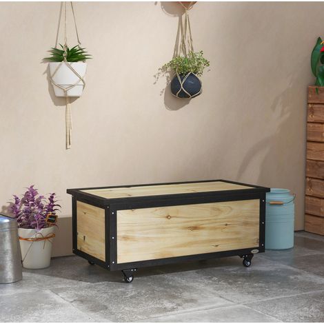 Outdoor-Aufbewahrungsbox 100x50x43 cm aus Naturholz, 121 L mit Rollen für Balkon – MEUBLIV (1/5)