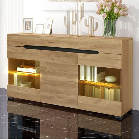 MEUBLIV Aparador de almacenaje 140 x 35 x 72 cm blanco brillo con LED, 2 puertas y 3 cajones (1/5)