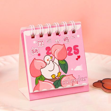 Mini-Enten-Cartoon-Tischkalender 2025 „Happy Duck Peach“, kleiner dekorativer Kalender für den Schülerschreibtisch, Tischdekoration