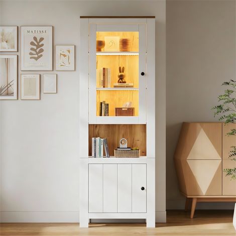 Vitrine 70x40x188 cm avec LED, 2 portes, 6 étagères réglables, rangement gain de place, blanc et bois (1/5)