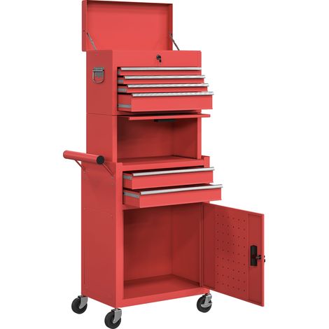 Servante d'atelier mobile 6 tiroirs 2 compartiments, acier verrouillable rouge (1/5)