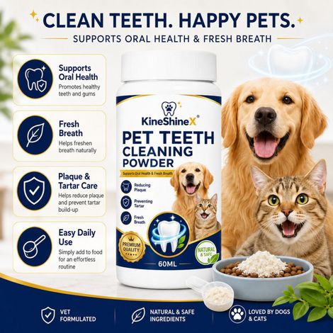 KineShineX Pet Oral Cleaning Powder reduces plaque, freshens breath, is easy to mix with food, and is a top choice for healthy pets. (1/4)