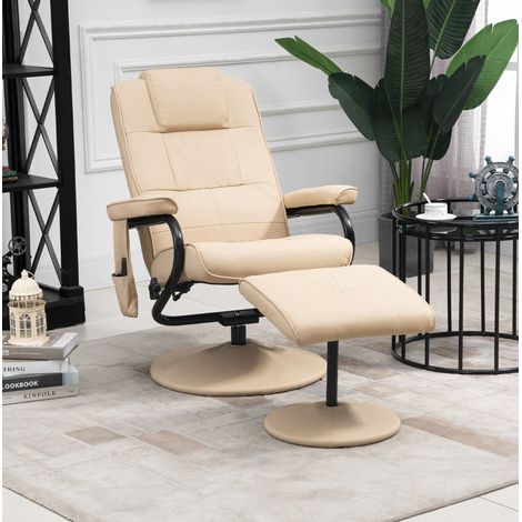 Fauteuil de massage inclinable pivotant 360° en similicuir blanc crème avec repose-pieds, structure en métal,77x84x95 cm (1/5)