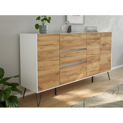 Sideboard Yako XL 180cm 3 SoftClose 3 Türen Weiß/Eiche Front