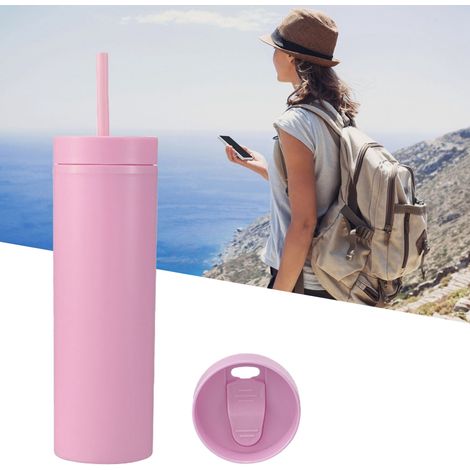 Gobelets en plastique de 473 ml (16 oz) avec couvercles et pailles, finition mate, pour boissons, pour les sports de plein air, rose, 1767 (1/5)