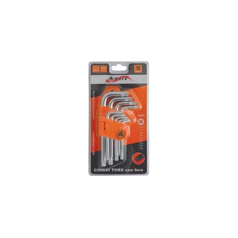 CHIAVI MASCHIO TORX CON FORO TIPO CORTO CROMO VANADIO IN SERIE 9 PEZZI - 1 blister ALTE