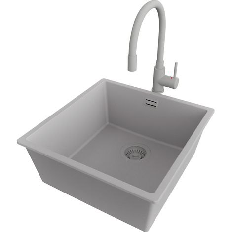 PRIMAGRAN Evier Cuisine en Granit 46x47cm,Lavabo 1 bac + Robinet 38x14cm + Kit de Vidage, Évier à Encastrer au meuble 50cm - London Slim, Gris (1/5)