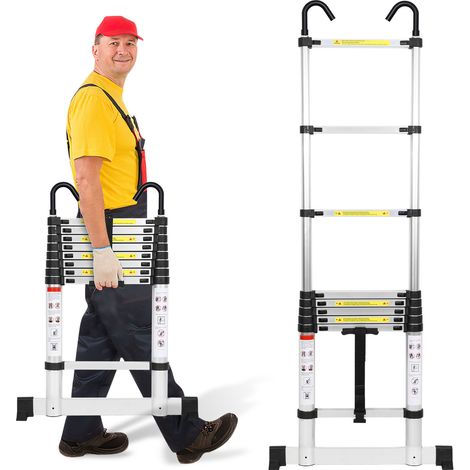 Wolketon Premium Alu Teleskopleiter Ausziehleiter Klappleiter Höhe 2,6M Silber Antirutsch Mehrzweckleiter mit Stabilisator und Abnehmbaren Haken
