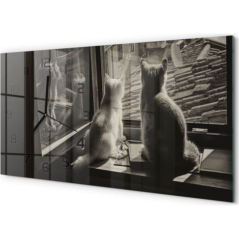 Horloge Murale Déco Maison 60x30 cm Format Panoramique Verre Moderne Chats à travers la fenêtre (1/5)