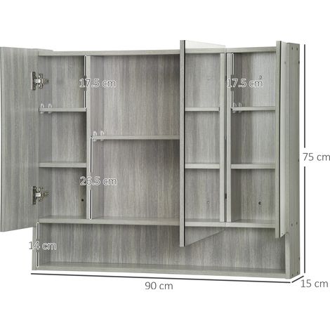 Armoire à miroir à quatre niveaux avec étagères réglables, en bois et verre, 90 x 15 x 75 cm, grise (1/5)