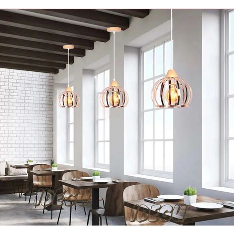 Lampe Suspension - - Vintage - Métal + Bois - E27 - 60W - 3 Ampoules (1/5)