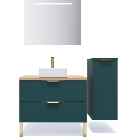 Meuble de salle de bain suspendu vasque à poser 90cm 2 tiroirs Bleu + miroir + colonne ouverture droite - Venice (1/5)