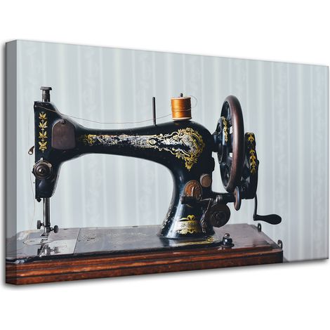 Lienzo impreso con máquina de coser vintage, 80x50 cm, aguja de sastre e hilo.
