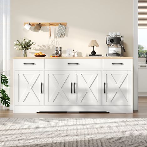 Buffet blanc 160 x 37 x 75 cm en MDF avec 3 tiroirs, 4 portes et dispositif anti-basculement DESVIAE (1/5)