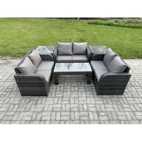 Fimous 6 Seater Rattan Garden Furniture Set Indoor Outdoor Patio Sofa Set with Coffee Table Love seat Sofa 2 Side Tables Dark Grey Mixed (1/5)