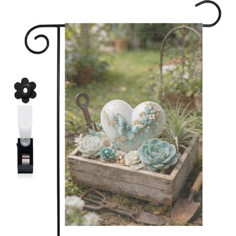 Drapeau vertical hortensias bleus et cœur floral 30 x 45 cm décoration saisonnière cour (1/5)