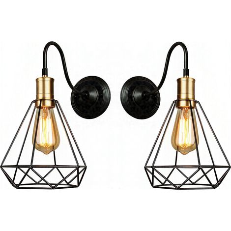 Vintage Wall Light, Metal Cage Shade, 20 cm in Diameter, E27 Socket, Indoor Use, Black, 2PCS (1/5)