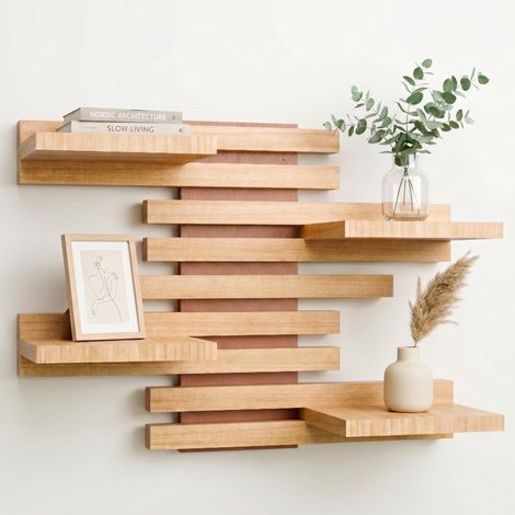 Étagère Murale Modulable Bois Massif Tasseaux Design Terracotta Tablette flottante décoration cocooning maison, chambre, cuisine, salon, salle de bain. Petite bibliothèque, plantes, épices. (1/5)